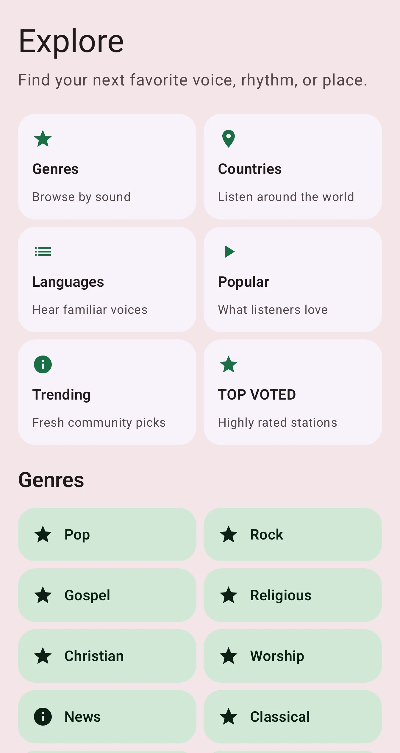 KTed Radio Explore screen showing Genres, Countries, Languages, Popular, Trending and Top Voted discovery categories