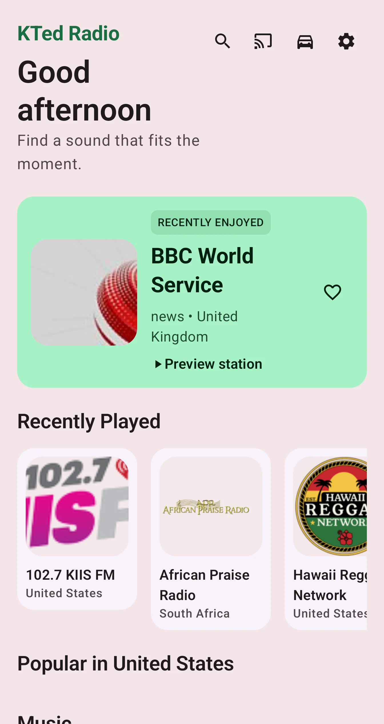 KTed Radio Home screen showing recently enjoyed, recently played and popular station sections