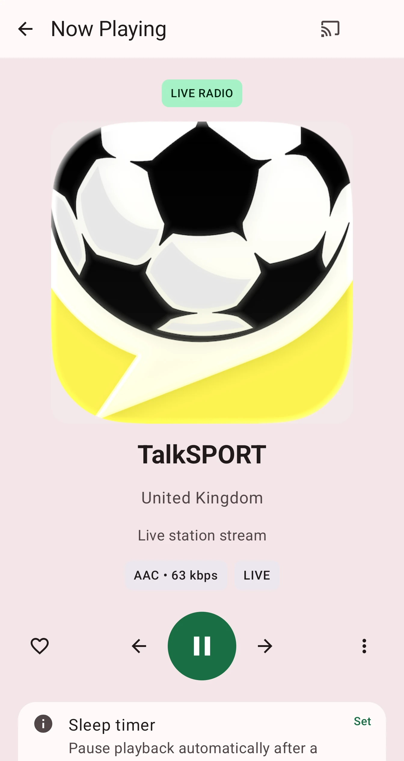 KTed Radio Now Playing screen showing a live TalkSPORT stream from the United Kingdom with station artwork, playback controls and Sleep Timer
