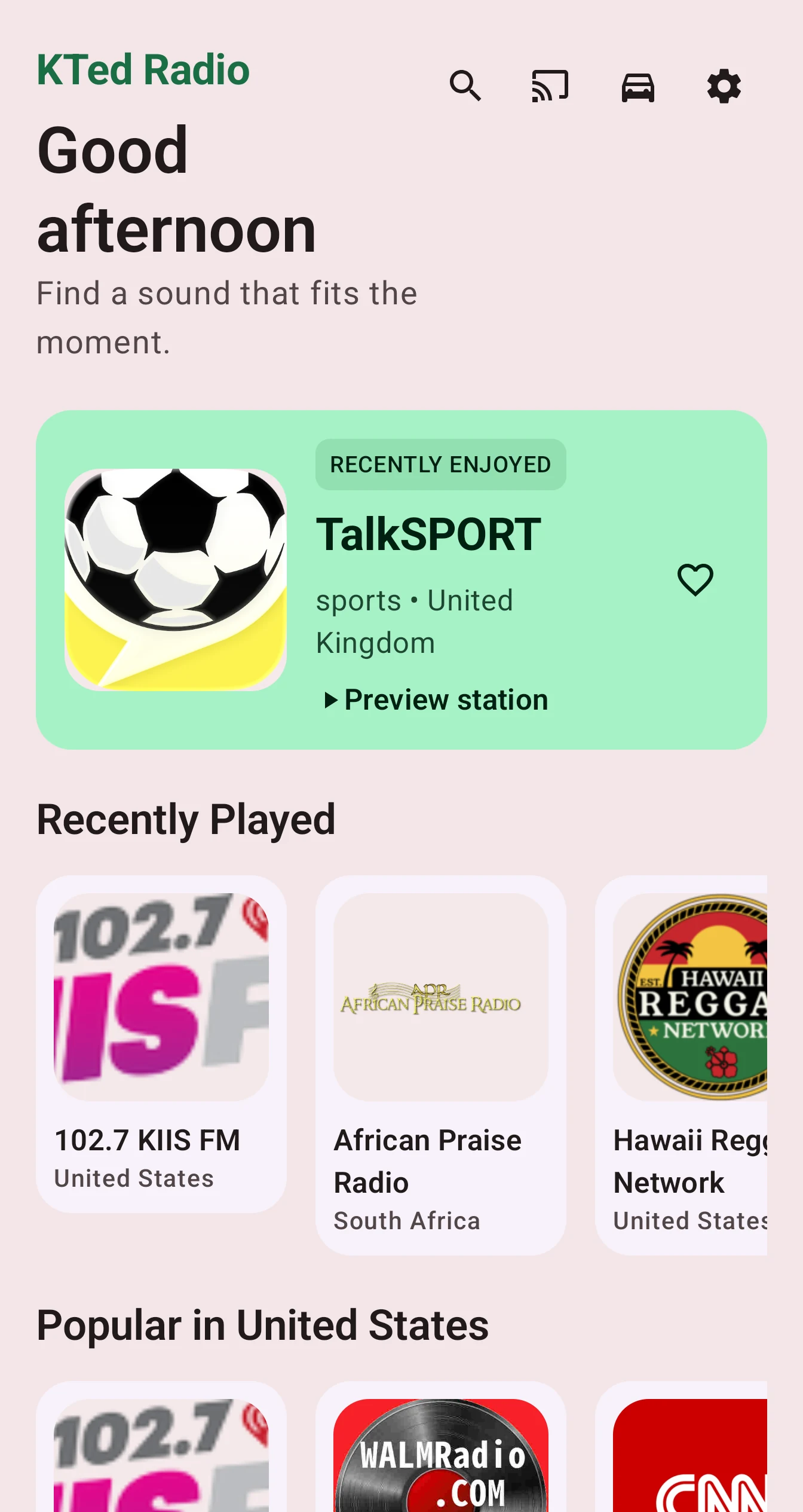 KTed Radio Search screen with station, genre, country and language tabs and example searches