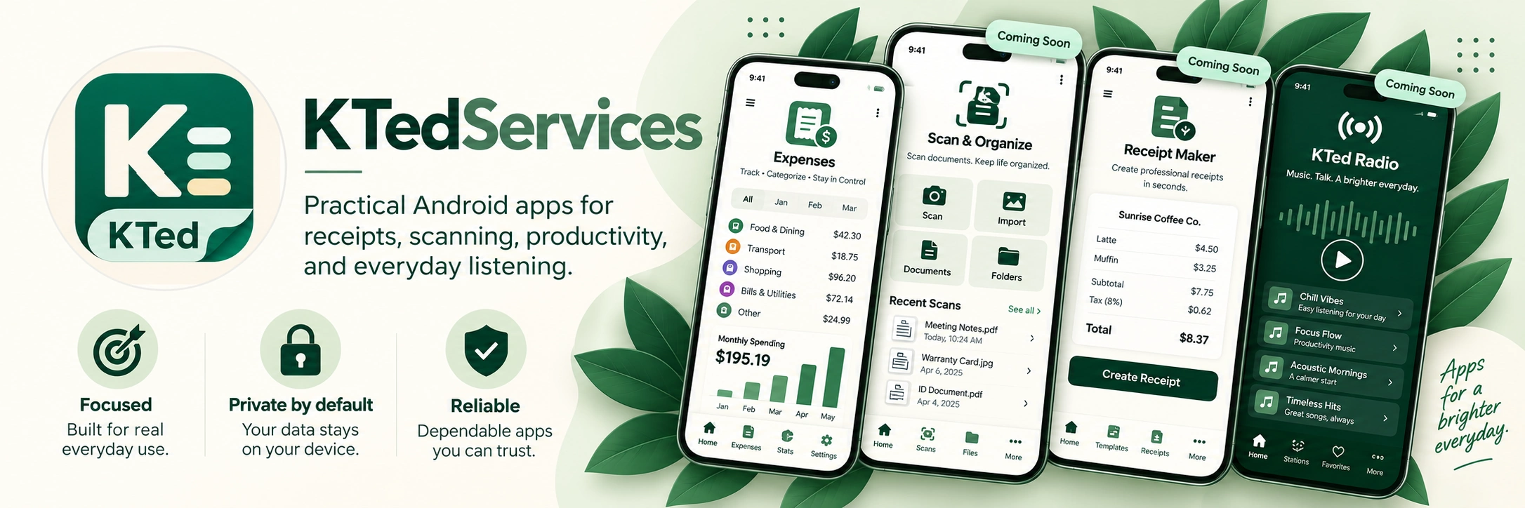 KTedServices Android app family including Receipt Tracker, Scanner, Receipt Maker, and KTed Radio.