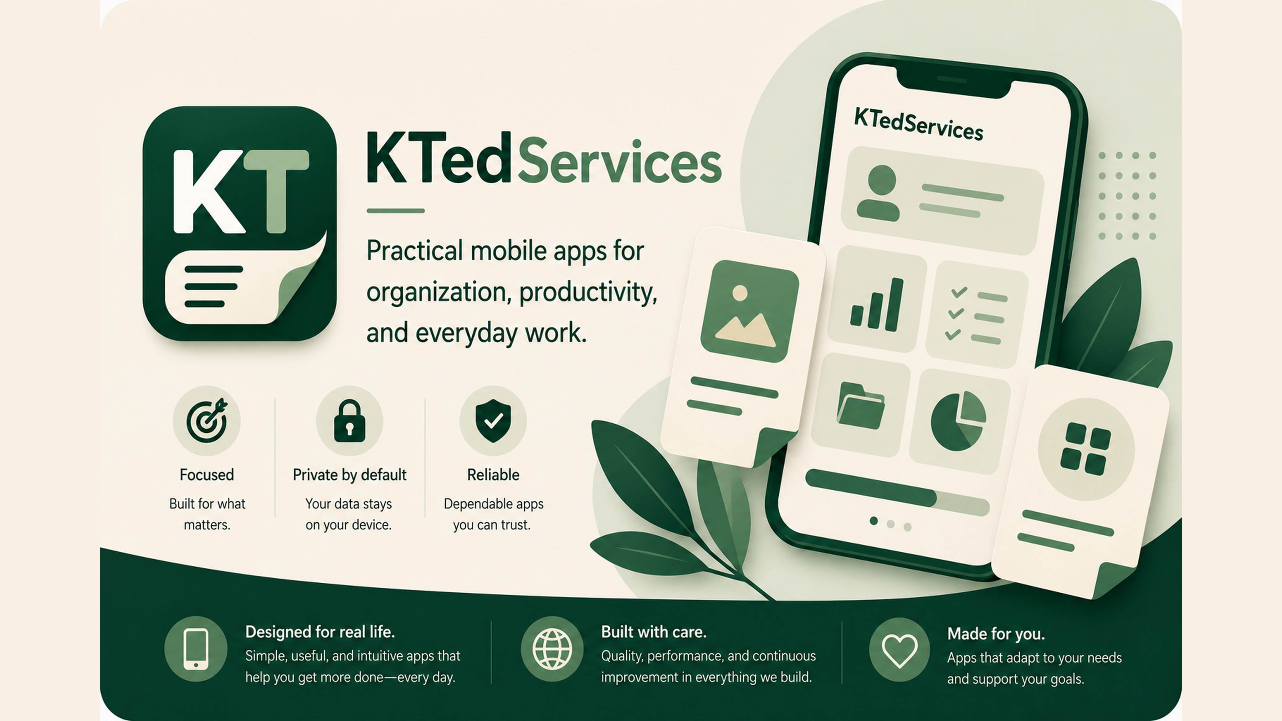 KTedServices developer banner featuring the company icon, a mobile app illustration, and the message: Practical mobile apps for organization, productivity, and everyday work.